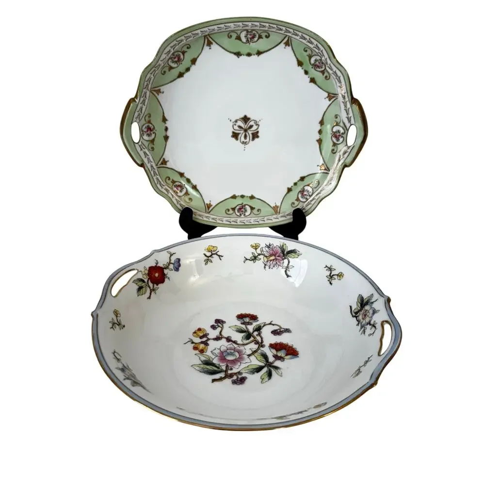 Nortitake Nippon Gold Trimmed Hand Painted 2-Handle Serving Tray & Bowl SET